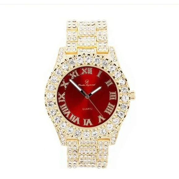 NWOT Mens Gold Big Rocks with Roman Numerals Fully Iced Out Colorful Dial Watch - Picture 3 of 6